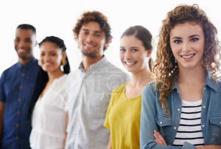 Photo for Happy, portrait and team of business people in studio with collaboration, diversity or unity. Smile, pride and group of young employees with positive, good and confident attitude by white background - Royalty Free Image