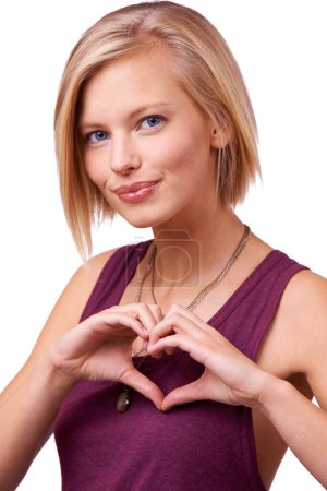 Photo for Happy woman, portrait and face with heart hands for love, support or care on a white studio background. Young female person, blonde or model with smile, like emoji or shape sign for romantic gesture. - Royalty Free Image