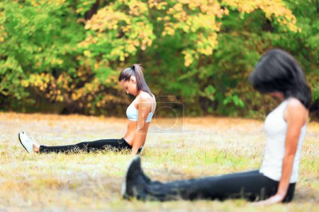 Téléchargez les photos : Femmes, étirements et yoga en plein air dans la nature pour le bien-être, la tranquillité d'esprit et de remise en forme dans le jardin. Muscle, exercice et personnes calmes dans le parc pour l'énergie, l'équilibre et la force avec échauffement sur l'herbe. - en image libre de droit