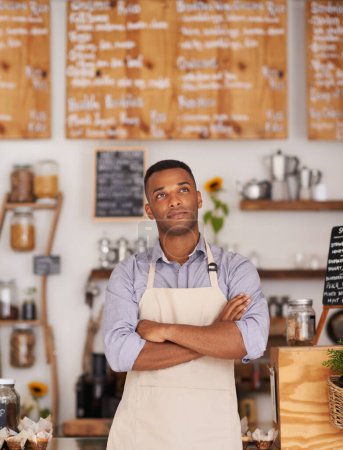 Photo for Cafe, black man and barista thinking of small business as entrepreneur, professional and shop owner. Male person, standing and thoughtful of idea for startup of store in food industry of Cape Town. - Royalty Free Image