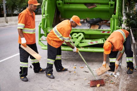 Photo for Garbage truck, broom and people with collection service on street in city for public environment cleaning. Junk, recycling and men working with waste or trash for road sanitation with transport - Royalty Free Image