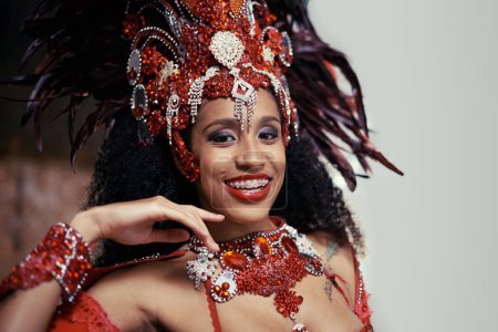 Photo for Samba, carnival or happy woman in costume or portrait for celebration, music culture or band in Brazil. Event, party or proud girl dancer with smile at festival, parade or fun show in Rio de Janeiro. - Royalty Free Image