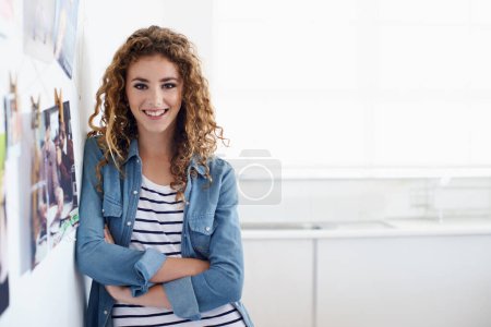 Photo for Smile, crossed arms and portrait of woman designer in office planning project with vision board. Happy, career and confident young female person working on creative startup business in workplace - Royalty Free Image