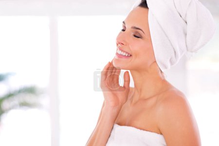 Photo for Happy woman, beauty and skincare with hygiene for spa, cosmetics or facial treatment at home. Face of young female person or model smile in satisfaction for perfect skin in dermatology or cosmetology. - Royalty Free Image