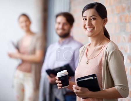 Photo for Businesswoman, coffee and portrait with smile by office building with colleagues, teamwork and collaboration. Professional people, work and face of woman with happiness for startup, job and career. - Royalty Free Image