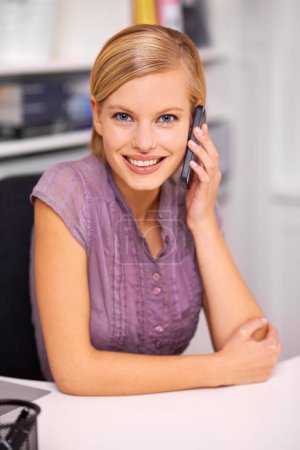 Photo for Woman, cellphone call and smile for portrait in office with contact, communication or deal at startup agency. Person, employee and mobile phone for conversation, negotiation or listening in workplace. - Royalty Free Image