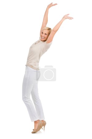 Photo for Happy, cheering and woman with arms up celebration in studio for fashion, sale or promo on white background. Excited, energy and female model with wow hands for clothing discount, giveaway or offer. - Royalty Free Image