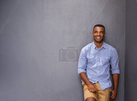 Photo for Thinking, smile and black man on wall background with idea, vision or inspiration for decision on mockup space Fashion, style and happy African person in casual clothes, dream and planning future. - Royalty Free Image