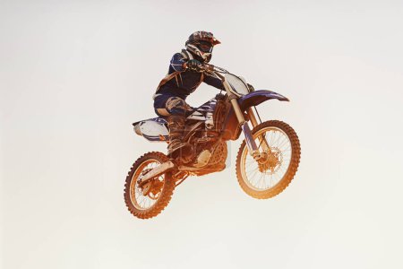 Photo for Person, jump and motorcyclist in the air for extreme sports, trick or outdoor stunt in sunset on mockup. Expert rider on motorbike or lift off for rally challenge, performance or adrenaline in nature. - Royalty Free Image