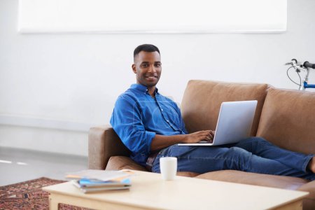 Photo for Man, laptop and internet for remote work in portrait, freelancer and copywriting at home. Black male person, online and plan on tech or connection for website, information and research for article. - Royalty Free Image