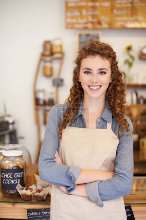 Photo for Portrait, welcome and happy woman with confidence in cafe service with small business owner. Coffee shop, restaurant or waitress with smile, hospitality or entrepreneur with arms crossed at startup - Royalty Free Image