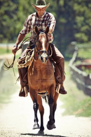 Foto de Cowboy, running and man riding horse with saddle on field in countryside for equestrian or training. Naturaleza, verano y velocidad con jinete maduro a caballo en animales en rancho al aire libre en Texas rural. - Imagen libre de derechos