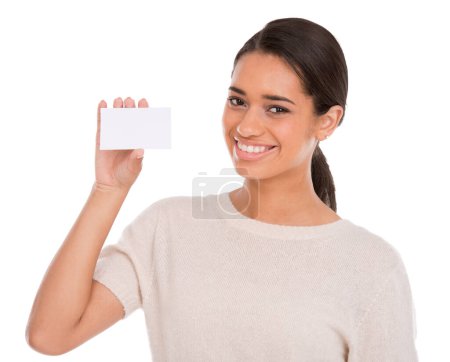 Photo for Business card, mockup and portrait of happy woman in studio with information on white background. Paper, face and female model with space for contact us, details or poster for startup advertising. - Royalty Free Image