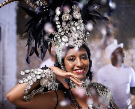 Carnival, dancer and portrait of woman at festival, event or samba in Brazil for summer celebration of culture. Salsa, dancer and creative fashion with happiness from music or people at club or party.