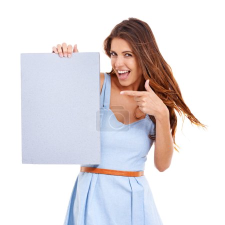Photo for Portrait, excited and woman pointing at poster for mockup, space or advertising isolated on white studio background. Presentation, sign and happy person with hand gesture for marketing, sale or offer. - Royalty Free Image