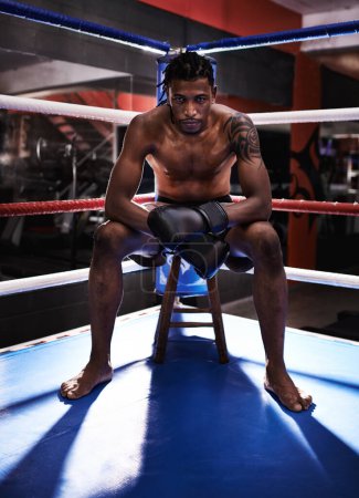 Photo for Black male boxer, ring and shirtless for sport, match and portrait with braids and gym with gloves. Boxing male person, sport and training gear for mma, exercise and fitness for workout and fight. - Royalty Free Image