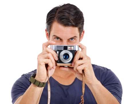 Photo for Portrait, photograph and man with camera, freelancer and model isolated on white studio background. Face, person and guy with equipment and vintage with retro and photoshoot with memory and hobby. - Royalty Free Image