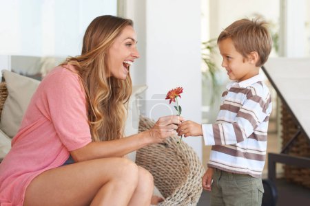 Photo for Flower, gift and excited mom of a child with a present and giving for mothers day with a smile in home. Happy, celebration and young boy with surprise for holiday in living room with plant in lounge. - Royalty Free Image
