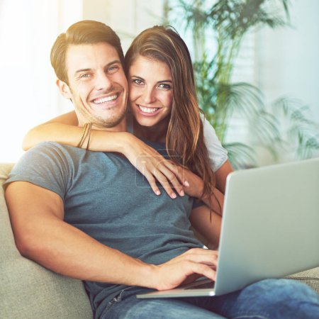 Photo for Laptop, smile and woman embrace man on sofa networking on social media, website or internet. Happy, love and female person hugging husband reading online blog with computer in living room at home - Royalty Free Image
