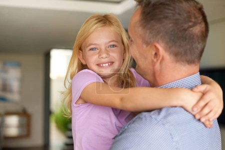 Photo for Daughter, dad and portrait for bonding, family and home with smile and playtime with hug. Father, little girl and happy for joy, care and child development with parent and love at house together. - Royalty Free Image