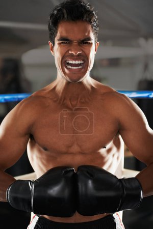 Photo for Boxer, man and gym with shout, boxing ring and cardio for workout or training. Person, exercise and fitness for health, wellness and sport achievement with celebration for professional fight. - Royalty Free Image
