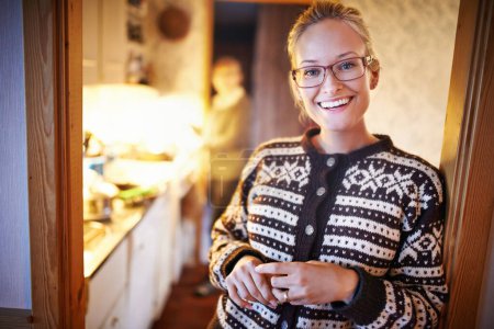 Photo for Woman, portrait and winter cardigan in home for cozy vacation in Canada for relaxing holiday, resting or comfortable. Female person, face and smile in sweater or living room apartment, night or peace. - Royalty Free Image