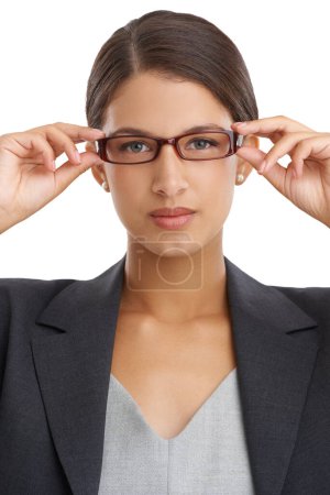 Corporate, woman in glasses and professional vision with eye care, wellness and optometry for investigative journalist. Prescription lens, frame and portrait in studio of reporter on white background.