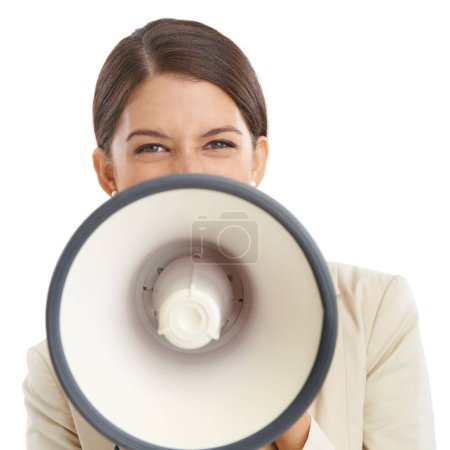 Photo for Megaphone, speech and portrait of business woman in studio for news, announcement and information. White background, communication and person with bullhorn for voice, broadcast or attention in studio. - Royalty Free Image