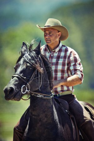 Photo for Cowboy, nature and man riding horse with saddle on field in countryside for equestrian or training. Western, summer and rodeo with mature horseback rider on animal at ranch outdoor in rural Texas. - Royalty Free Image