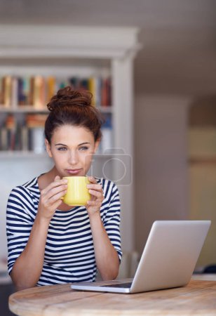 Photo for Thinking, coffee and woman in home office with laptop, idea and online job for business networking. Freelance, remote work and girl at table with computer for communication, reflection and relax - Royalty Free Image
