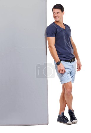 Photo for Male person, studio and advertising with board, casual outfit and smile for sales and marketing. Man, billboard and branding for mockup space, white background and confident advertisement brand. - Royalty Free Image