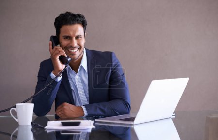 Photo for Phone call, laptop and portrait of business man in office with telephone for networking, communication and talking. Consultant, corporate and worker on computer for internet, website and planning. - Royalty Free Image