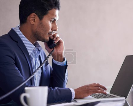 Photo for Phone call, laptop and business man in office with telephone for networking, communication and talking. Professional, corporate consultant and worker on computer for internet, website and planning. - Royalty Free Image