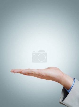 Photo for Open, palm and business person with presentation, mockup and space on isolated on a grey studio background. Closeup, advertising and hand of professional with promotion or show platform for marketing. - Royalty Free Image