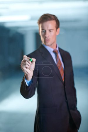 Photo for Businessman, glass wall and writing or brainstorming project as financial advisor investment, loan or budget. Male person, marker and problem solving in office or planning, development or research. - Royalty Free Image