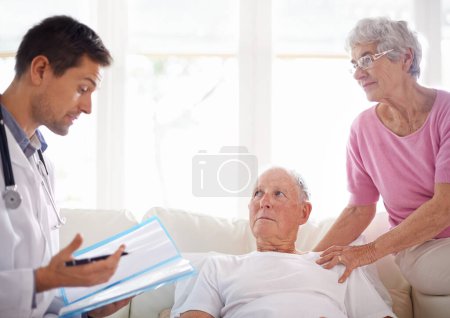 Photo for Healthcare, doctor and senior patient in assisted living for health assessment, advice or wellness. Male physician, conversation and elderly couple for medical treatment, discussion and diagnosis - Royalty Free Image