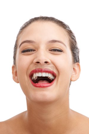 Photo for Happy woman, portrait and laughing with red lipstick for beauty, makeup or cosmetics on a white studio background. Face of female person or young model in satisfaction for lip gloss, glow or shine. - Royalty Free Image