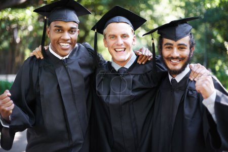Photo for Happy, students and men portrait at graduation with celebration, friends and graduate group outdoor with a smile. Diploma, certificate and education event on campus with diversity and college degree. - Royalty Free Image