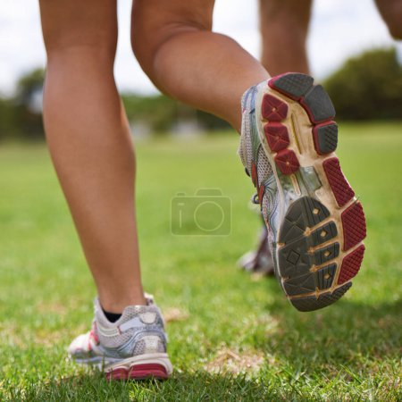 Téléchargez les photos : Les gens, chaussures de course et gros plan sur l'herbe pour l'exercice ensemble en été pour la santé, le bien-être ou la formation. Personne, coureur et partenaire avec les pieds sur le terrain pour l'entraînement, le fitness et la vitesse avec des baskets. - en image libre de droit
