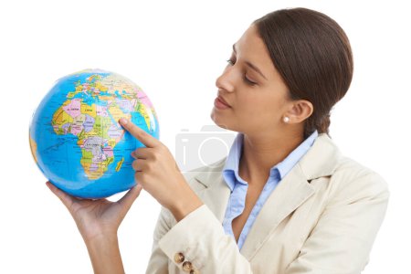 Photo for Business woman, hands or spinning globe in studio, world map or network for international trade. Corporate strategist, environment or earth for global warming or carbon footprint by white background. - Royalty Free Image