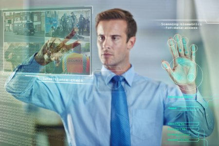 Photo for Hands, surveillance or businessman with biometrics scan, hologram or overlay for safety or security. 3d, police database or manager on touchscreen for futuristic protection or graphic investigation. - Royalty Free Image