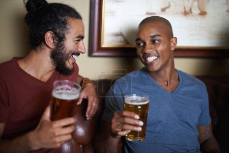 Photo for Friends, men and happiness in pub with beer for happy hour, relax or social event with conversation. Diversity, people and drinking alcohol in restaurant or club with smile for bonding or celebration. - Royalty Free Image