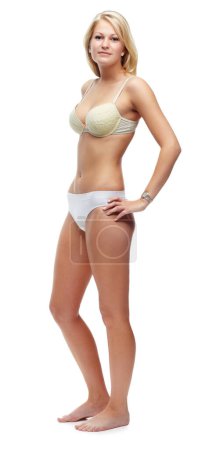 Photo for Beauty, smile and woman with underwear in studio for lingerie, body care and confidence. Happy, attractive and full length portrait of young slim female person with bra isolated by white background - Royalty Free Image