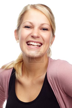 Photo for Woman, portrait and laughing for comedy in studio, funny joke and having fun on white background. Happy female person, positive attitude and smile on face, goofy comic and positive for enjoyment. - Royalty Free Image