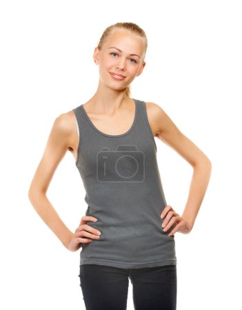 Photo for Portrait, health and fitness with sports woman in studio isolated on white background for workout. Exercise, training and wellness with young person as personal trainer in tank top for coaching. - Royalty Free Image