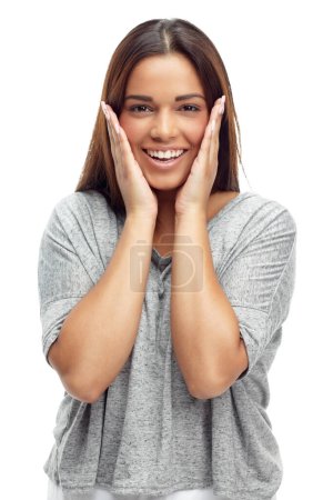 Photo for Wow, surprise and hands on face of woman in studio with shocking news, announcement or info on white background. Omg, portrait and female model with mind blown emoji, reaction gesture for giveaway. - Royalty Free Image