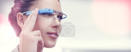 Photo for Augmented reality, vision and woman with smart glasses, internet connection and communication on mockup in office. Future technology, workplace and consultant with VR eyewear, networking and focus. - Royalty Free Image