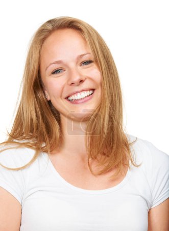 Photo for Hair, portrait and happy woman in studio with shampoo, results or beauty and color on white background. Blonde, haircare or face of female model with growth, texture and dye satisfaction or treatment. - Royalty Free Image