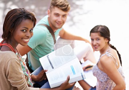 Photo for Studying, university and portrait of students with books on campus for learning, knowledge and reading. Education, friends and man and women with textbook for group work, exam preparation and college. - Royalty Free Image