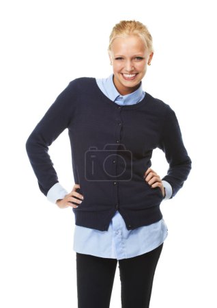 Photo for Fashion, portrait and happy woman in studio with confidence, style or playful attitude on white background. Face, smile and female model with smart casual clothes, person or cool outfit choice. - Royalty Free Image